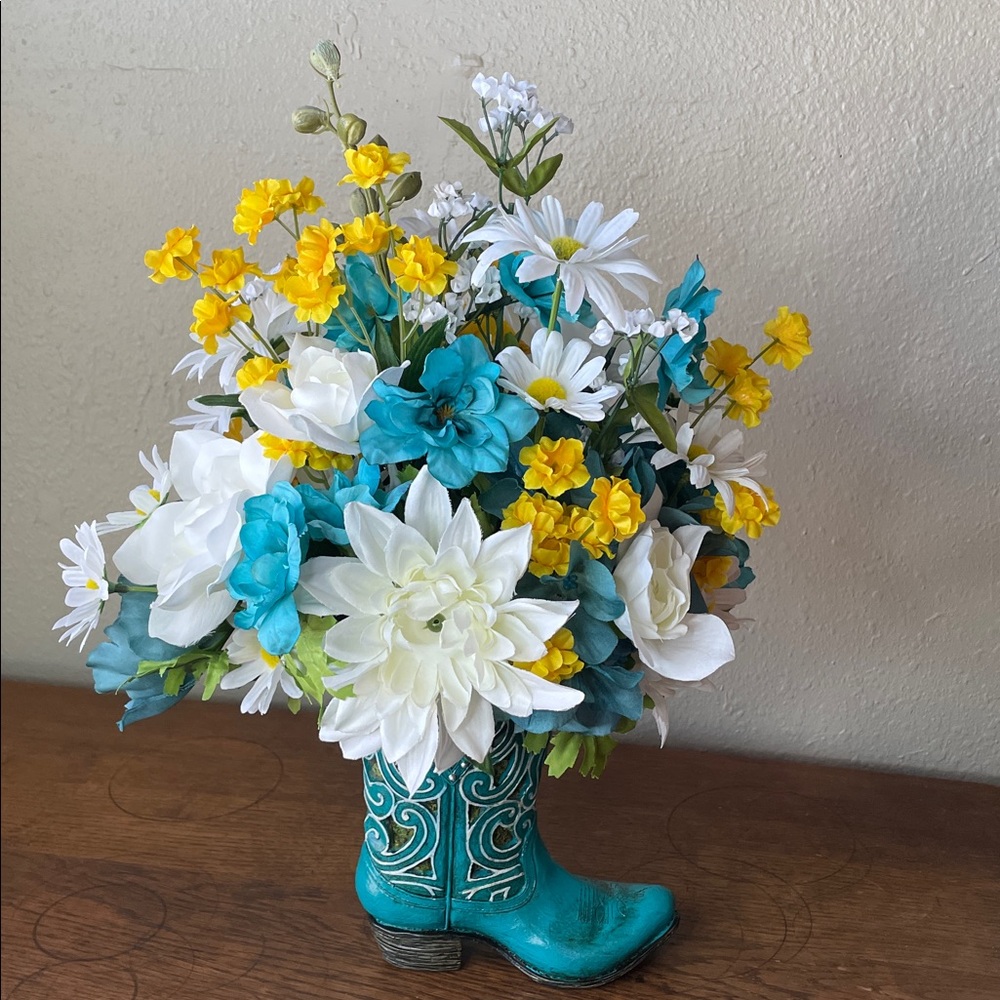 Sweet Silk Arrangement in a Turquoise Boot-Home or Office Decor